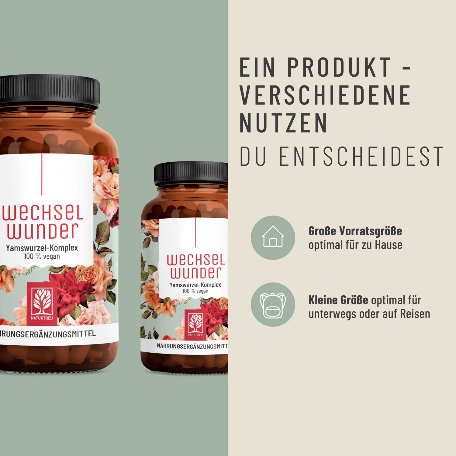 WECHSELWUNDER Small: Wechseljahre Komplex Yamswurzel + Rotklee - Probiergröße 60 Kapseln NATURTREU®