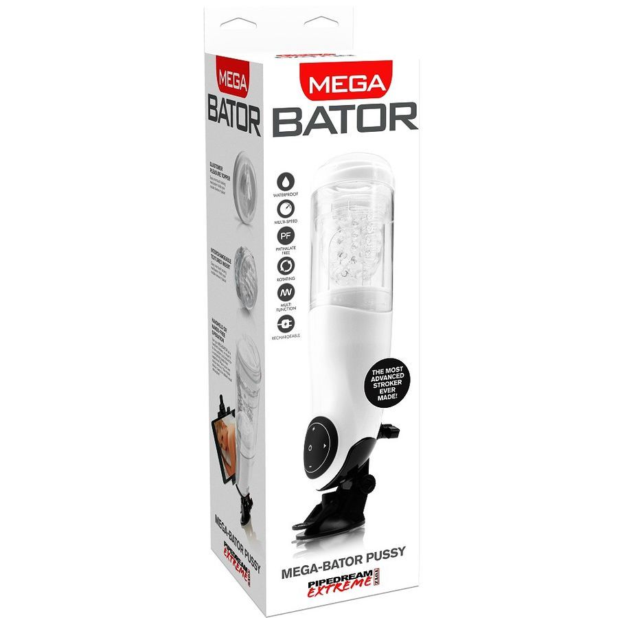 Verpackung mit Masturbator und Tablet-Halterung. Produktname: MEGA BATOR. Weißes Produkt, transparente Innenseite. Schwarzer Sockel.