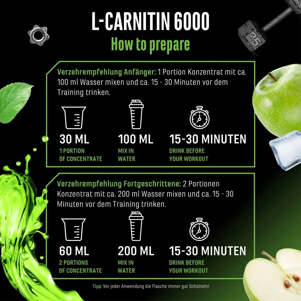 Anleitung zur Zubereitung von L-Carnitin 6000.  Enthält Informationen zu 30 ml Konzentrat, 100 ml Wasser, 15-30 Minuten vor dem Training.