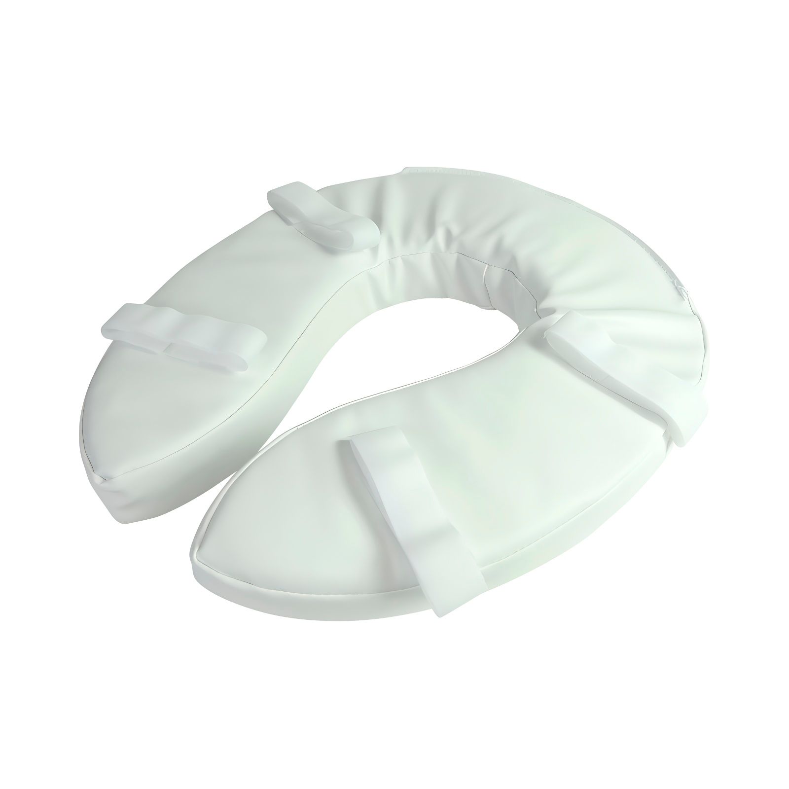 Weißer Toilettensitzbezug mit U-Form und Befestigungsriemen. Aus weichem Material.