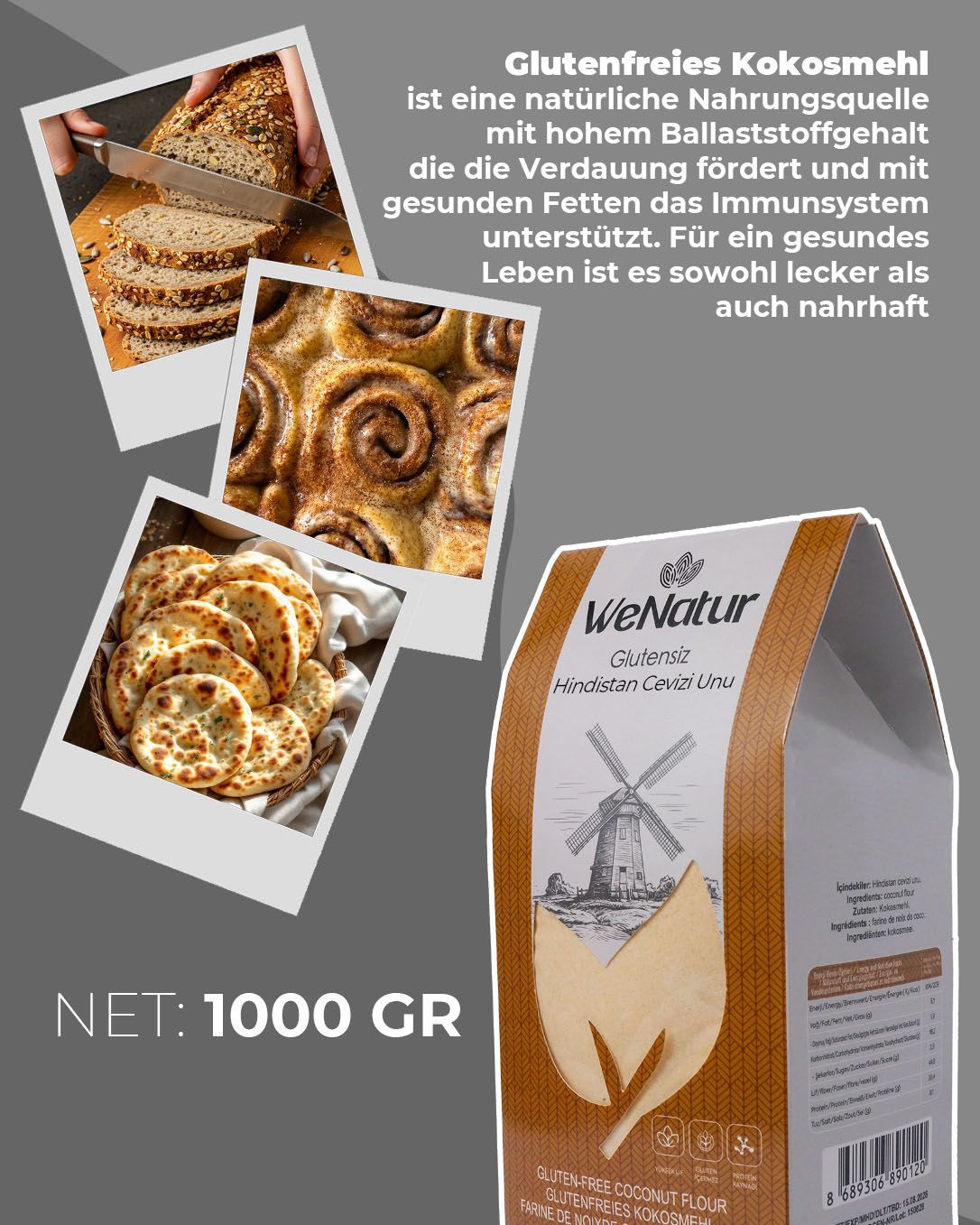 Packung glutenfreies Kokosmehl mit Nettofüllgewicht 1000g und Beispielfotos von Backwaren.