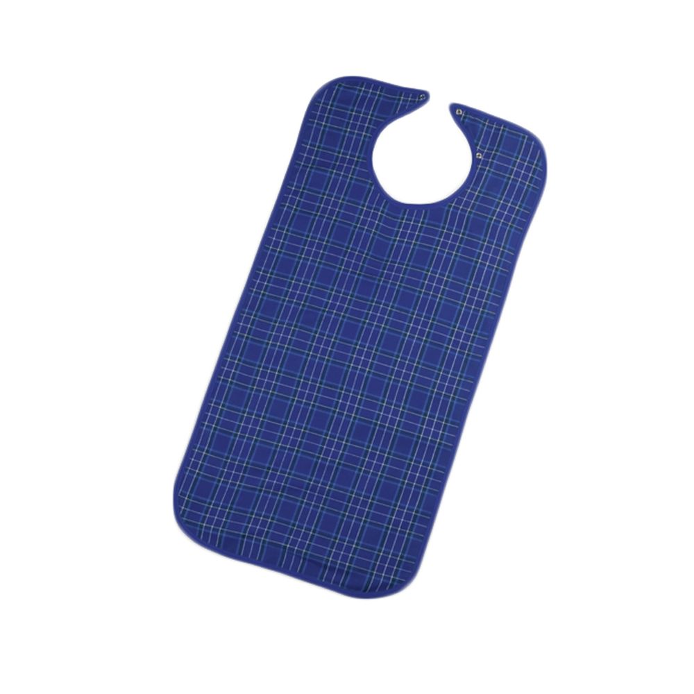 Blaue Ess-Schürze mit Nackenverschluss. Kariertes Muster.