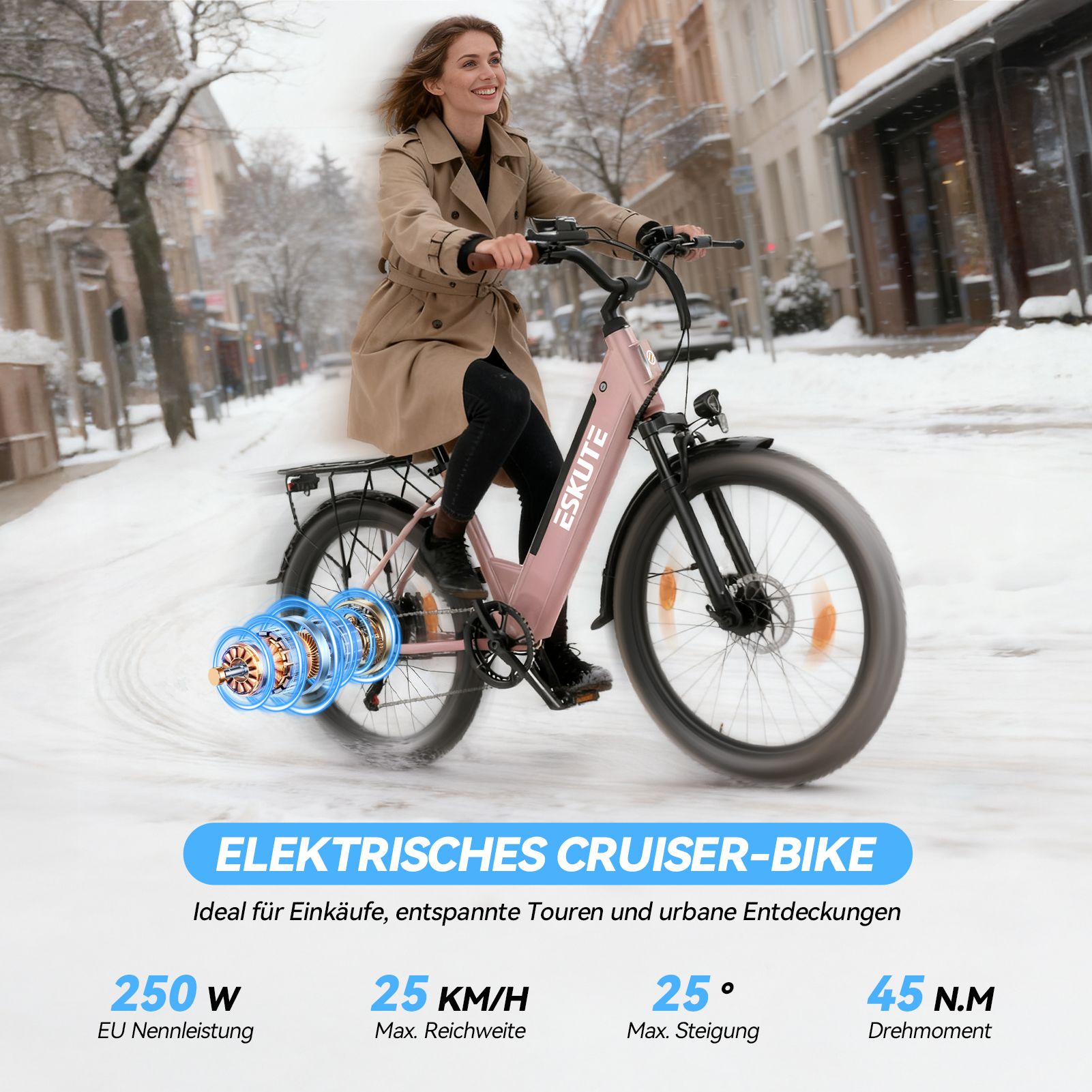 Frau fährt rosa Elektro-Cruiser-Bike. Text: Elektrisches Cruiser-Bike, 250W, 25 KM/H, 25 Grad, 45 N.M. Drehmoment.