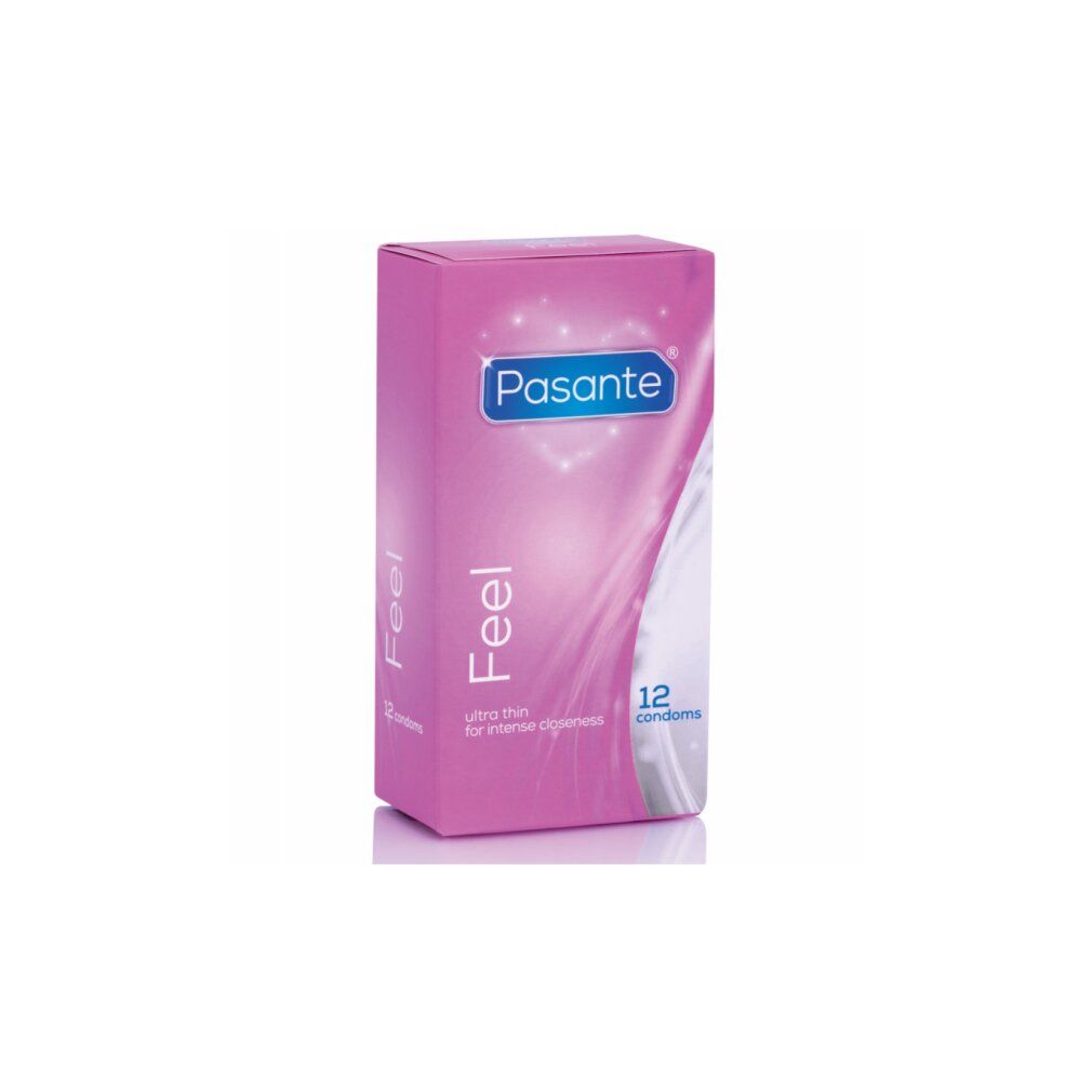 Rosa Schachtel mit Pasante Feel Kondomen. Aufschrift: ultra thin for intense closeness, 12 condoms.