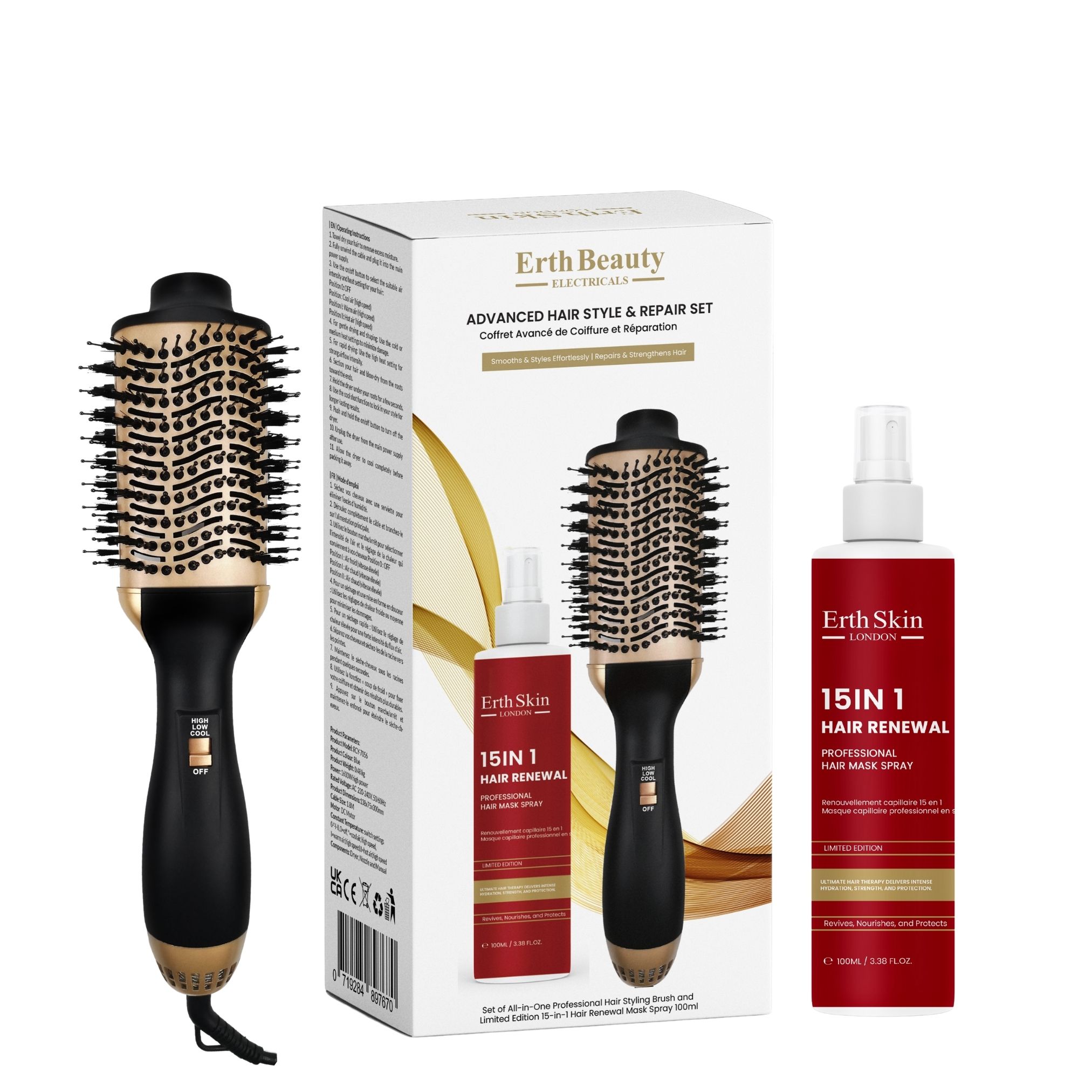 Haarstyling- und Reparaturset mit Bürste und Spray. Text: ErthSkin, 15in1 Hair Renewal. Set mit zwei Bürsten und Spray.