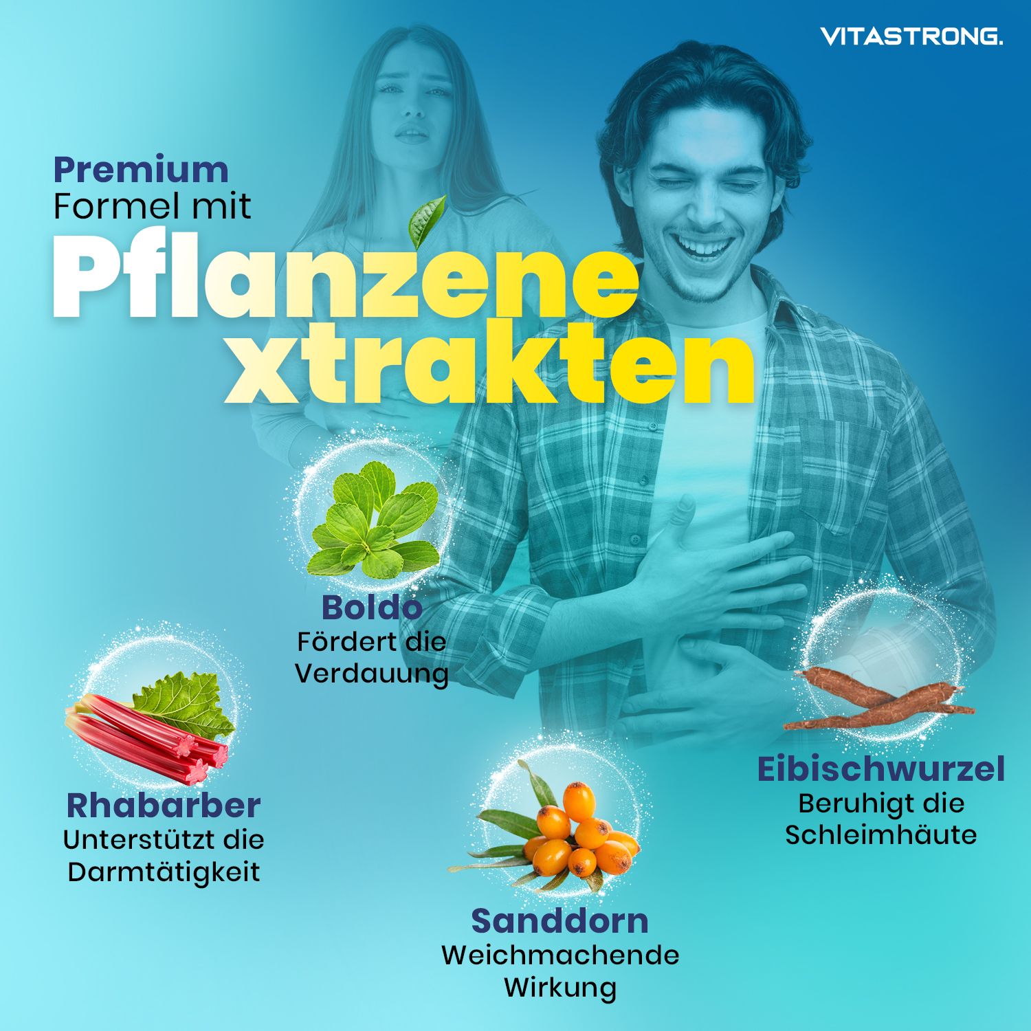 Vitastrong Laxastrong. Abbildung von Pflanzenextrakten: Rhabarber, Sanddorn, Eibischwurzel, und Boldo. Text auf Deutsch.