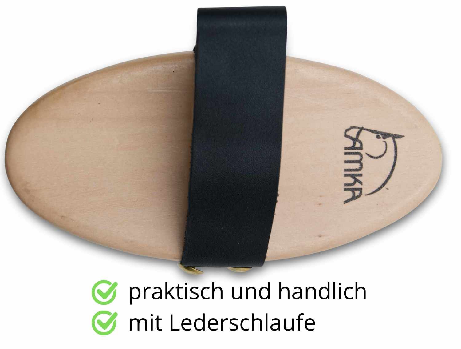 AMKA Classicbürste. Ovale Bürste aus Holz mit schwarzer Lederschlaufe. Aufschrift AMKA.