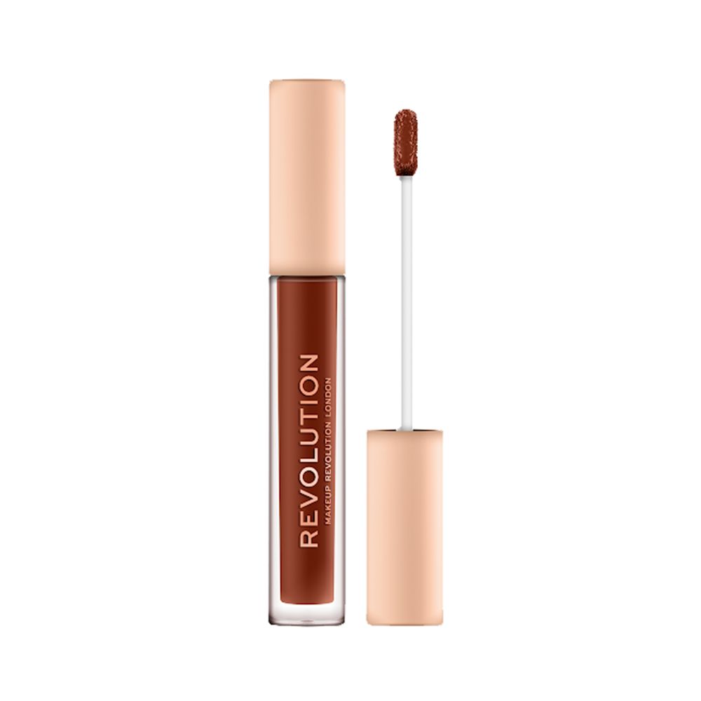 Flüssiger Lippenstift mit Applikator. Transparente Tube mit beigefarbenem Deckel. Auf der Tube steht "REVOLUTION".