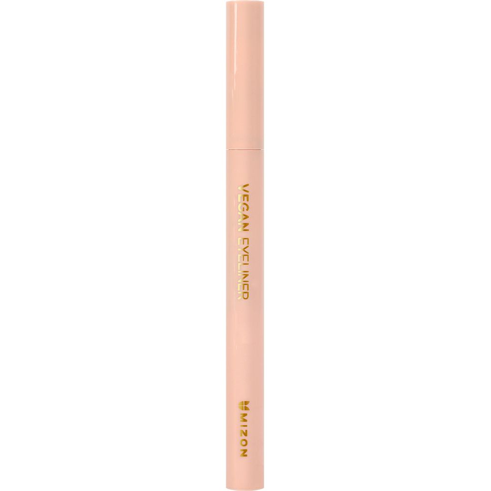 Beige Eyeliner-Stift mit schwarzer Spitze. Aufschrift 'VEGAN EYELINER' und 'MIZON'.