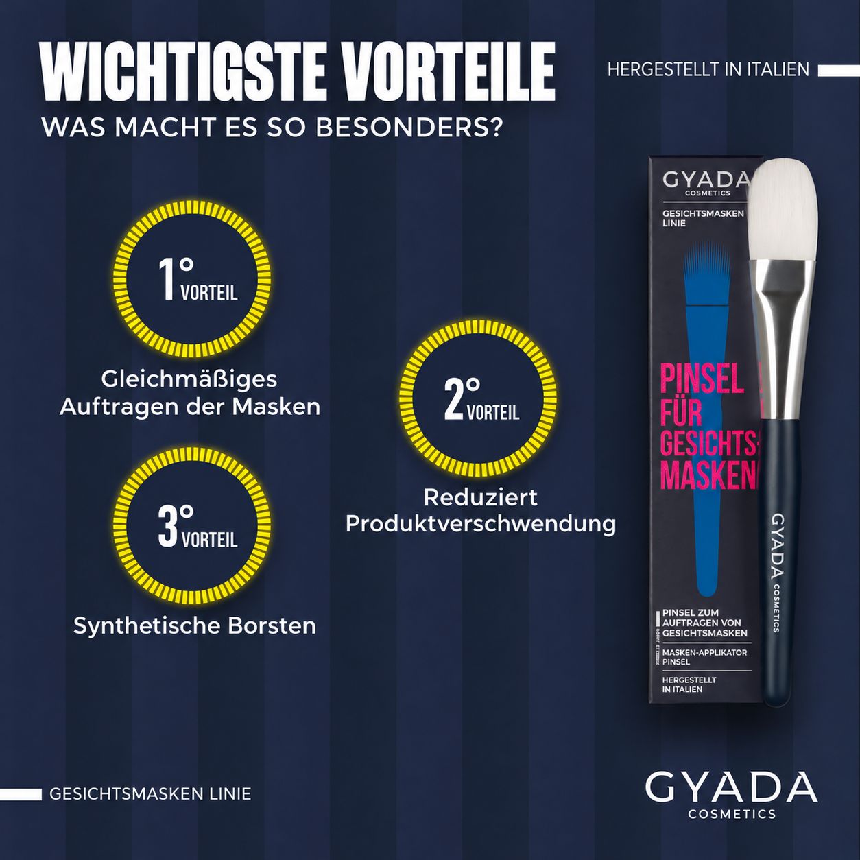Gyada Cosmetics Gesichtsmaskenpinsel mit synthetischen Borsten und dunklem Griff.