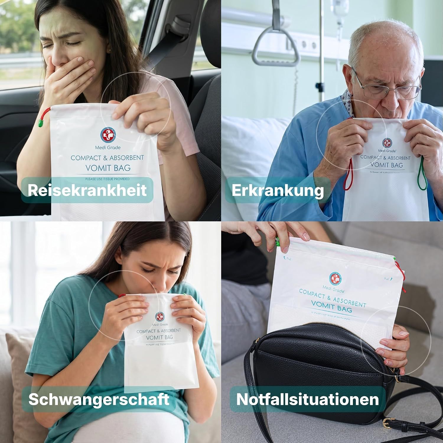 Vier Szenen: Reisekrankheit, Krankheit, Schwangerschaft, Notfälle mit 'Vomit Bag'.