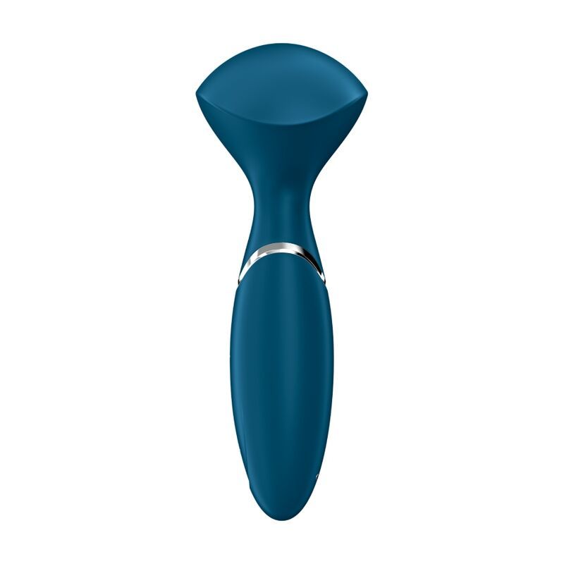 Dunkelblauer Vibrator mit geschwungener Form und silbernem Ring.