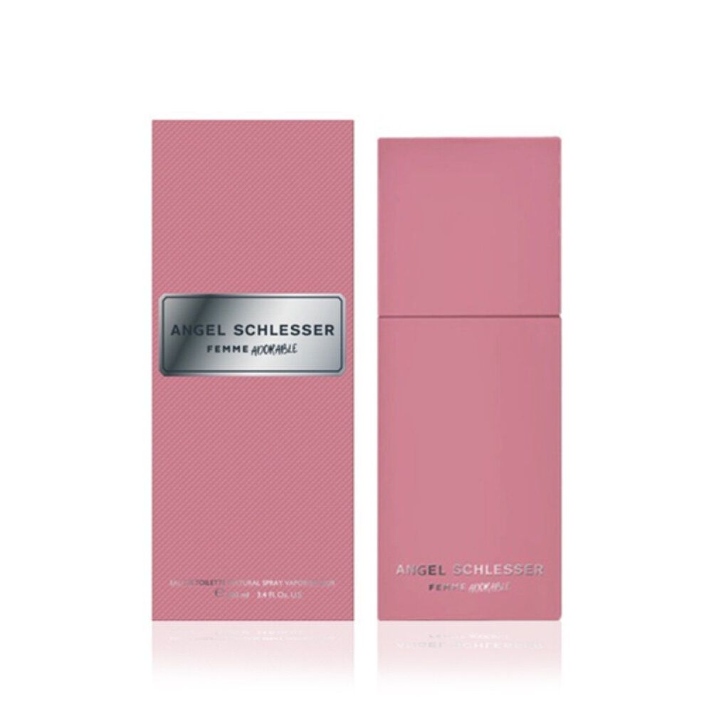 Rosa Flakon und Verpackung. Aufschrift: Angel Schlesser Femme Adorable. Eau de Toilette Spray.