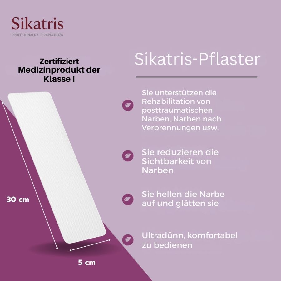 Rechteckiges Silikonpflaster mit Größenangaben: 5x30 cm. Text: 'Zertifiziert Medizinprodukt der Klasse I'.