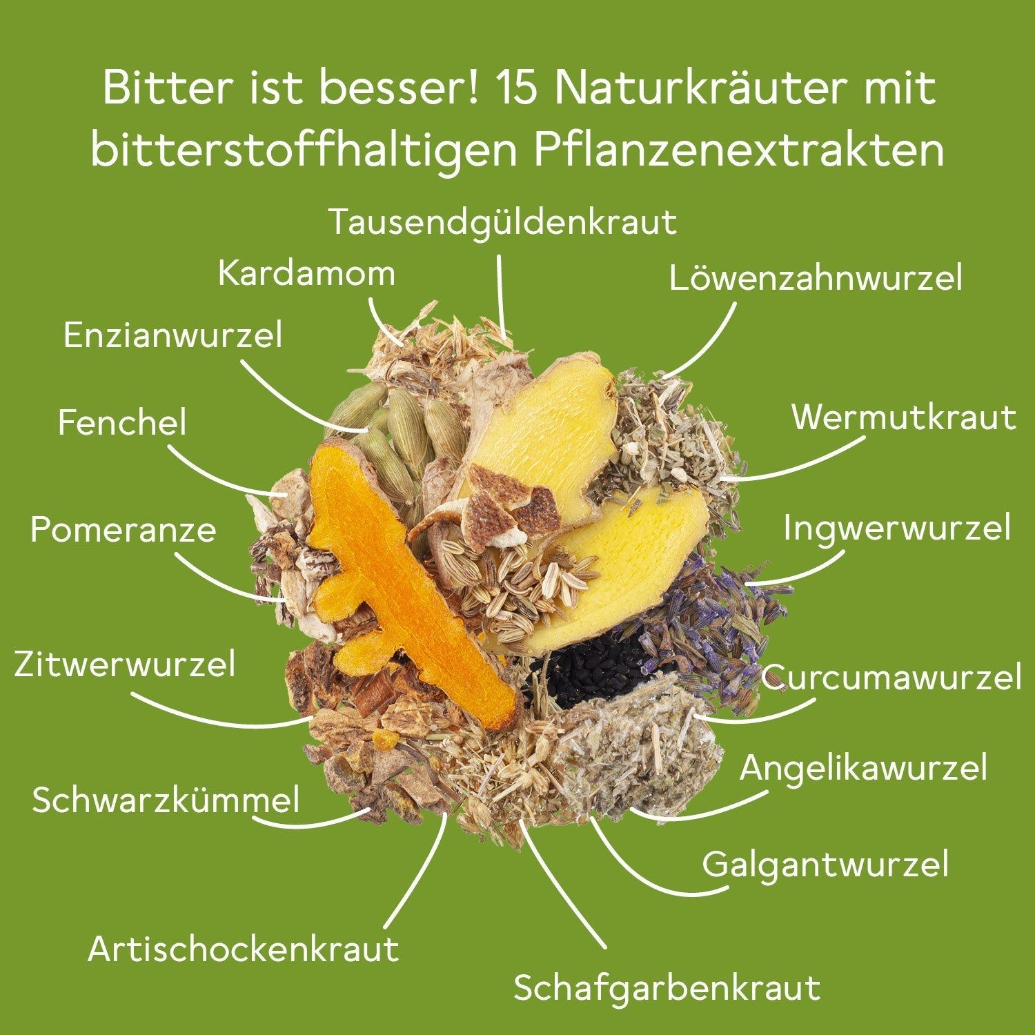 Verschiedene Kräuter und Wurzeln, die auf einem Haufen liegen. Beschriftung der Kräuter: Tausendgüldenkraut, Kardamom, Löwenzahnwurzel, u.a.