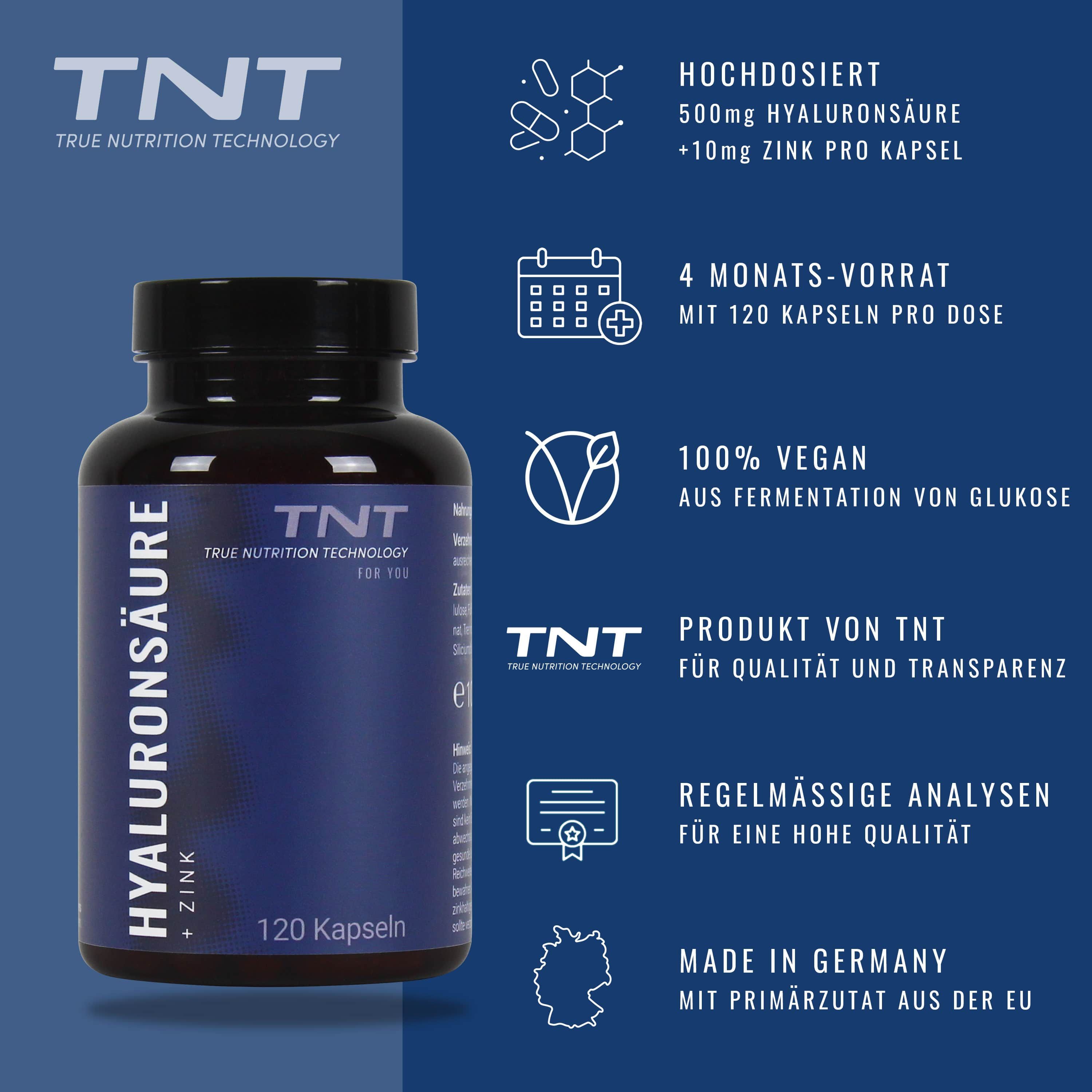 Flasche mit Hyaluronsäure + Zink. Marke: TNT. 120 Kapseln. Aufschrift: 100% vegan. Produkt von TNT. Made in Germany.