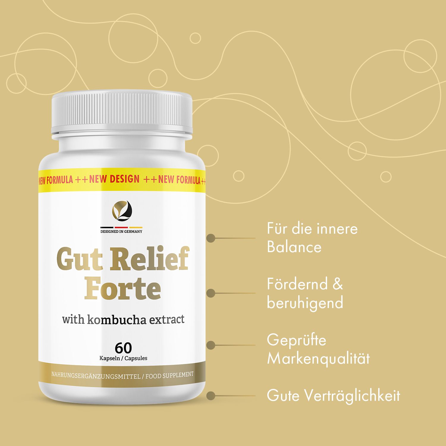 Weiße Flasche "Gut Relief Forte" Kapseln. Aufschrift: "with kombucha extract". Text: Für die innere Balance, fördernd & beruhigend, geprüfte Markenqualität.
