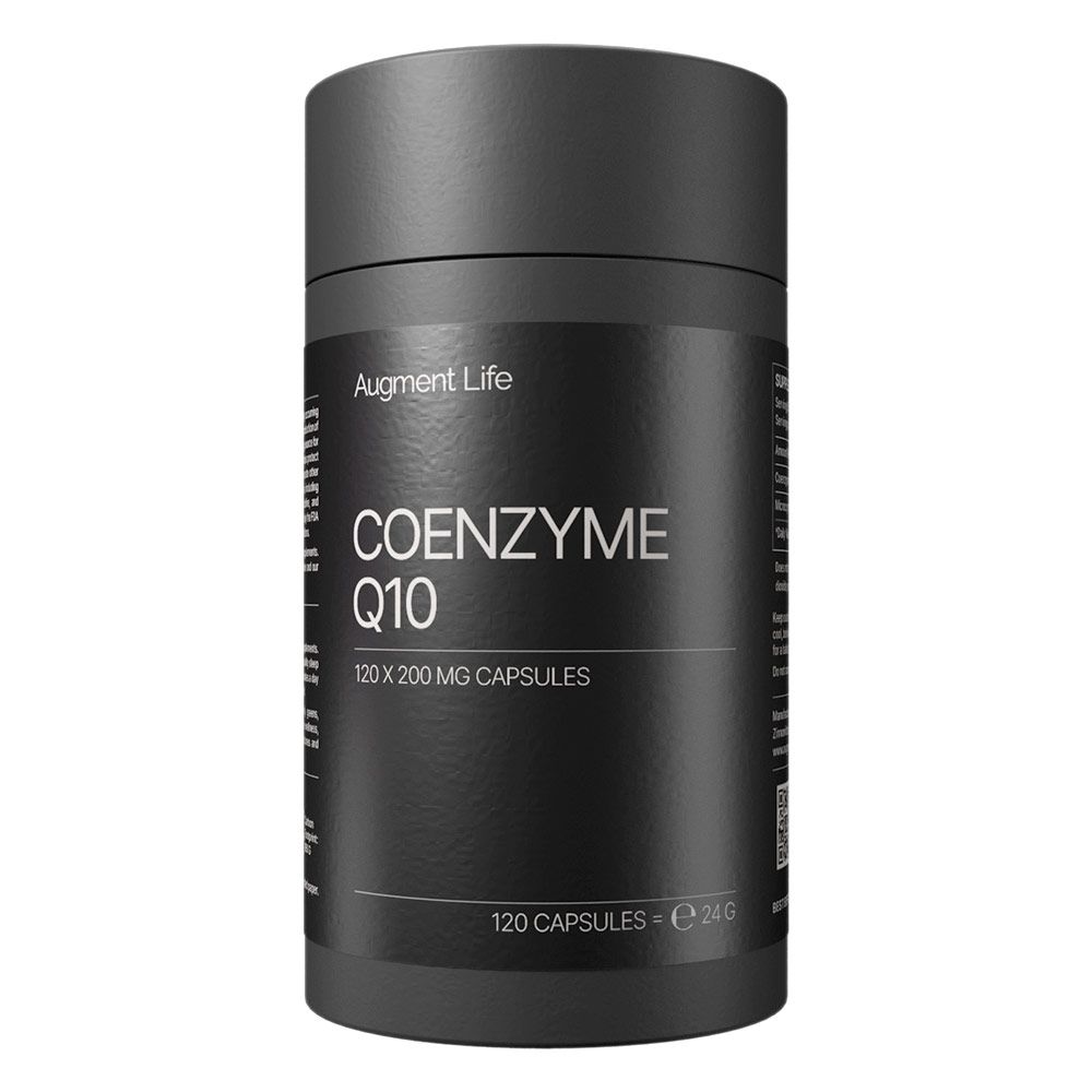 Schwarze Dose mit Augment Life Coenzym Q10, 120 Kapseln à 200 mg.