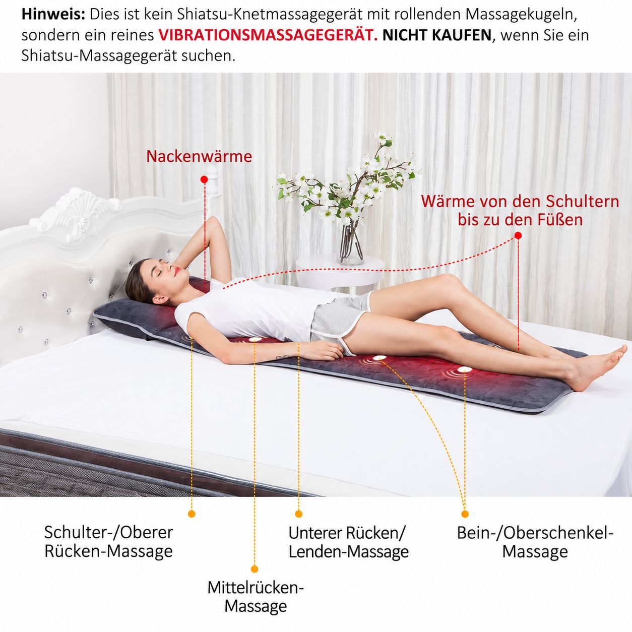 Eine Frau liegt auf einer Massagematte, die Nacken, Schultern, Rücken und Beine massiert und wärmt.