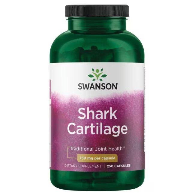Grüne Flasche mit schwarzem Deckel. Etikett mit "SWANSON Shark Cartilage". 750 mg pro Kapsel, 250 Kapseln.