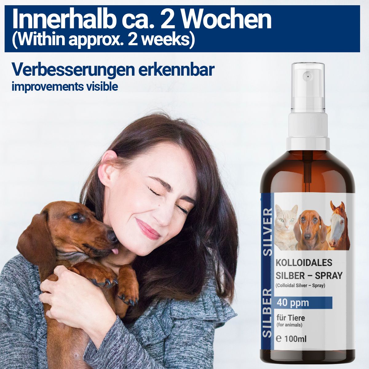 Frau umarmt Hund. Flasche mit Etikett: KOLLOIDALES SILBER-SPRAY, 40 ppm, für Tiere. Text: Verbesserungen erkennbar innerhalb ca. 2 Wochen.