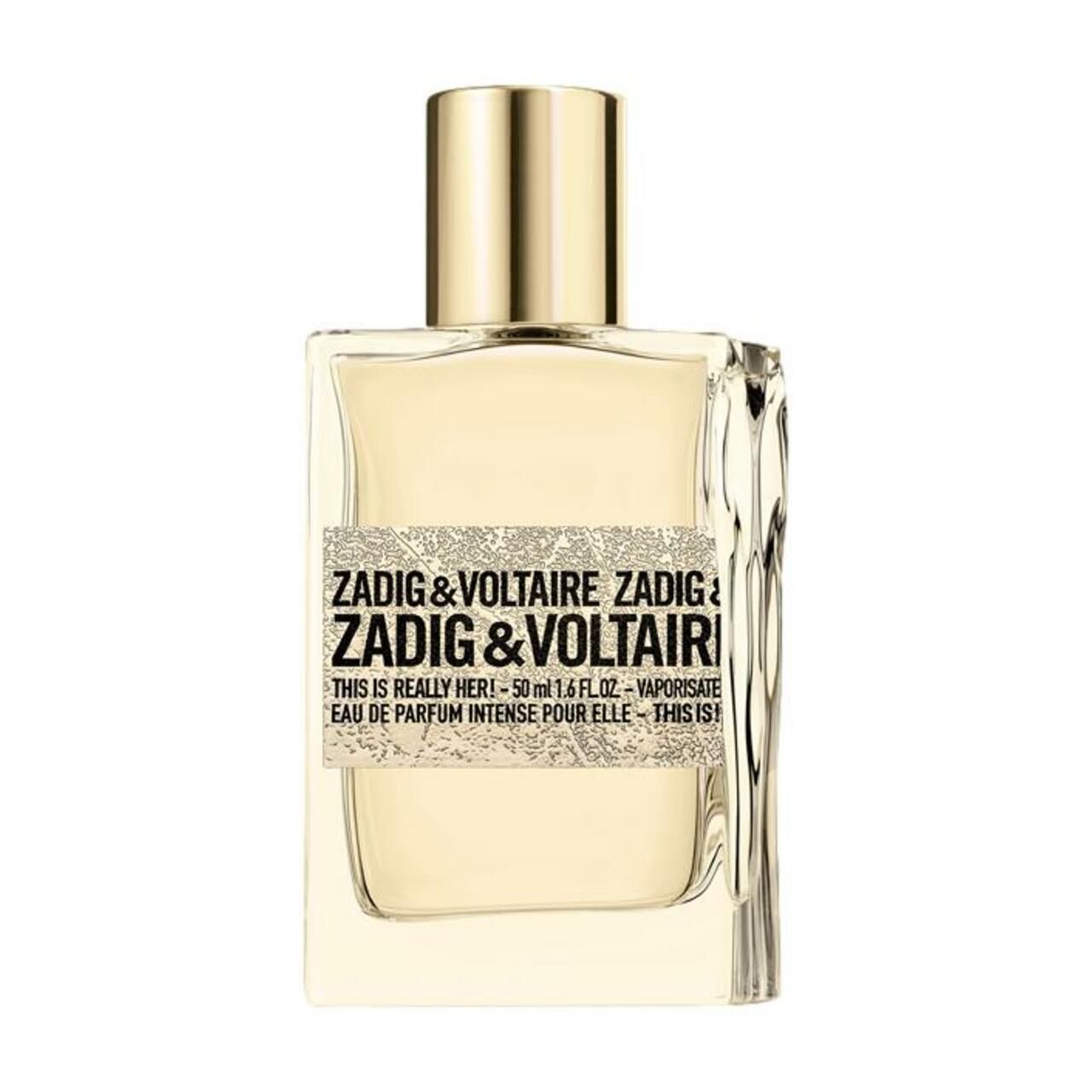 Parfümflakon mit goldfarbenem Verschluss. Aufschrift: Zadig & Voltaire, This Is Really Her! EdP Intense.