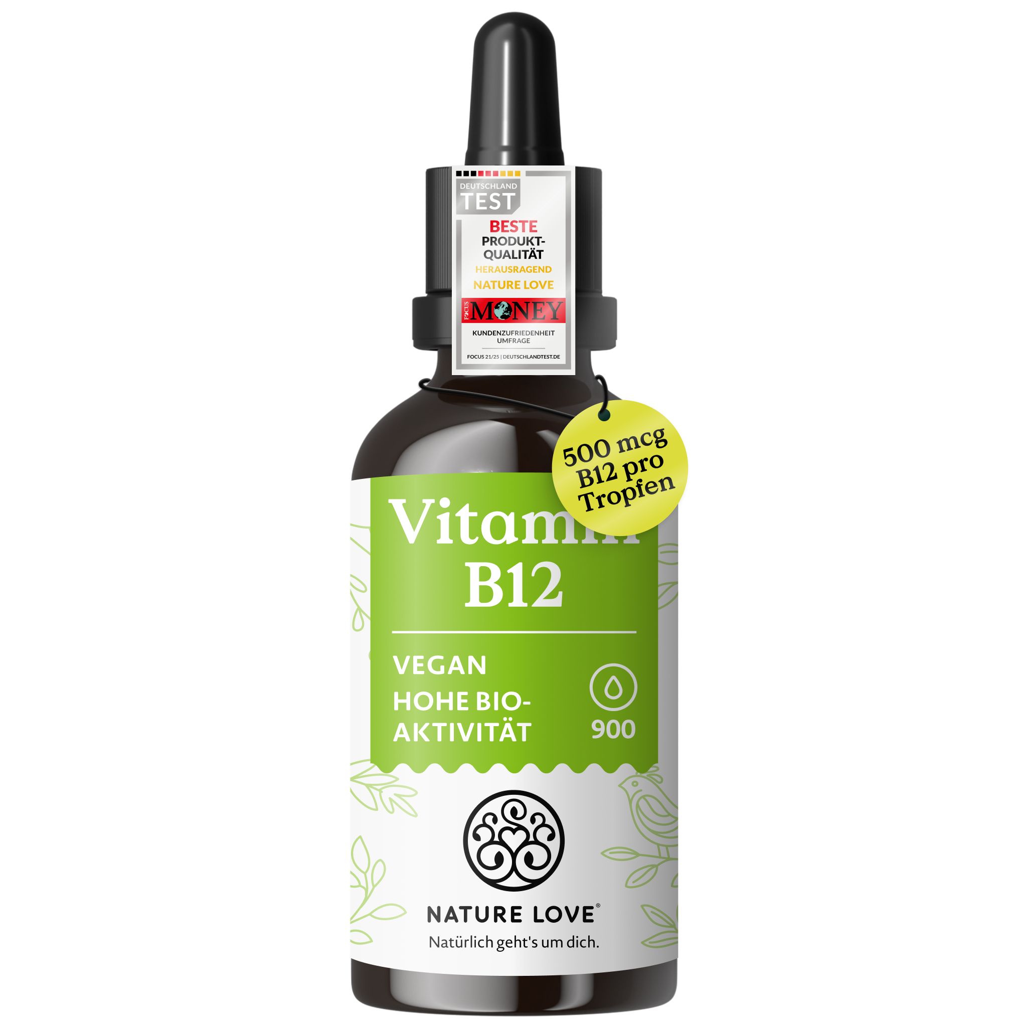 Flasche NATURE LOVE Vitamin B12, vegan, hohe Bioaktivität, 500 mcg pro Tropfen.