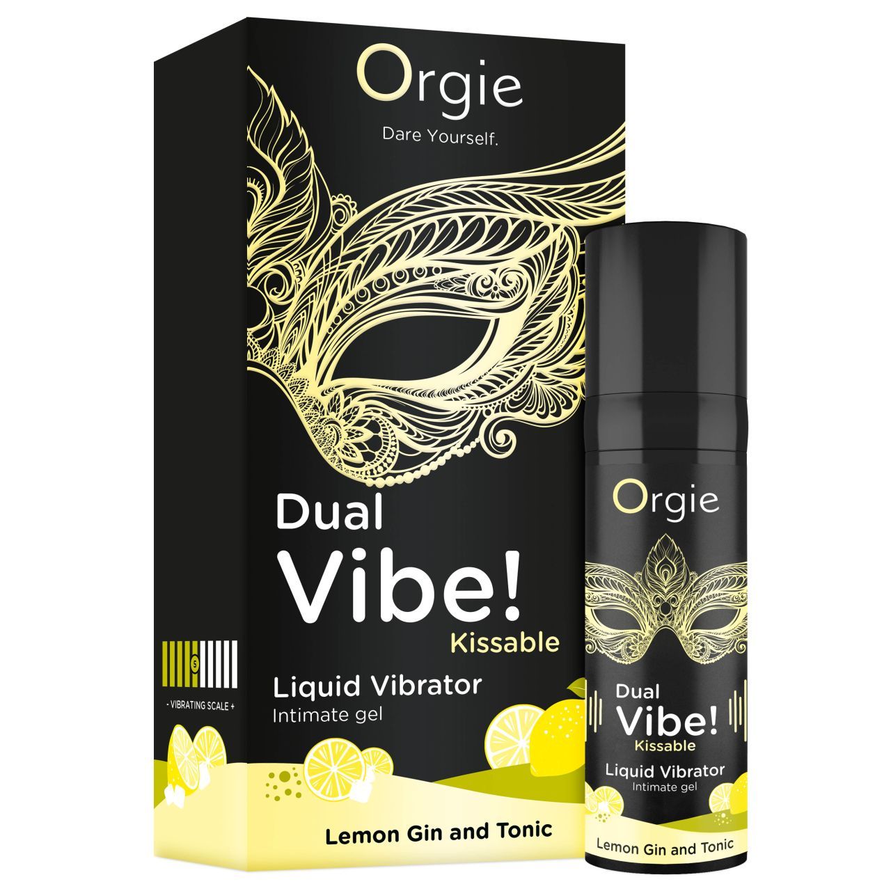 Orgie Dual Vibe! Kissable Liquid Vibrator, Intimgel mit Zitronen-Gin-Tonic-Geschmack.