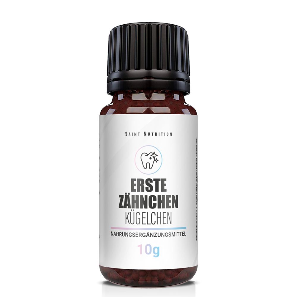 Braune Glasflasche mit schwarzem Deckel. Auf dem Etikett steht: Erste Zähnchen Kügelchen, 10g. Marke: Saint Nutrition.