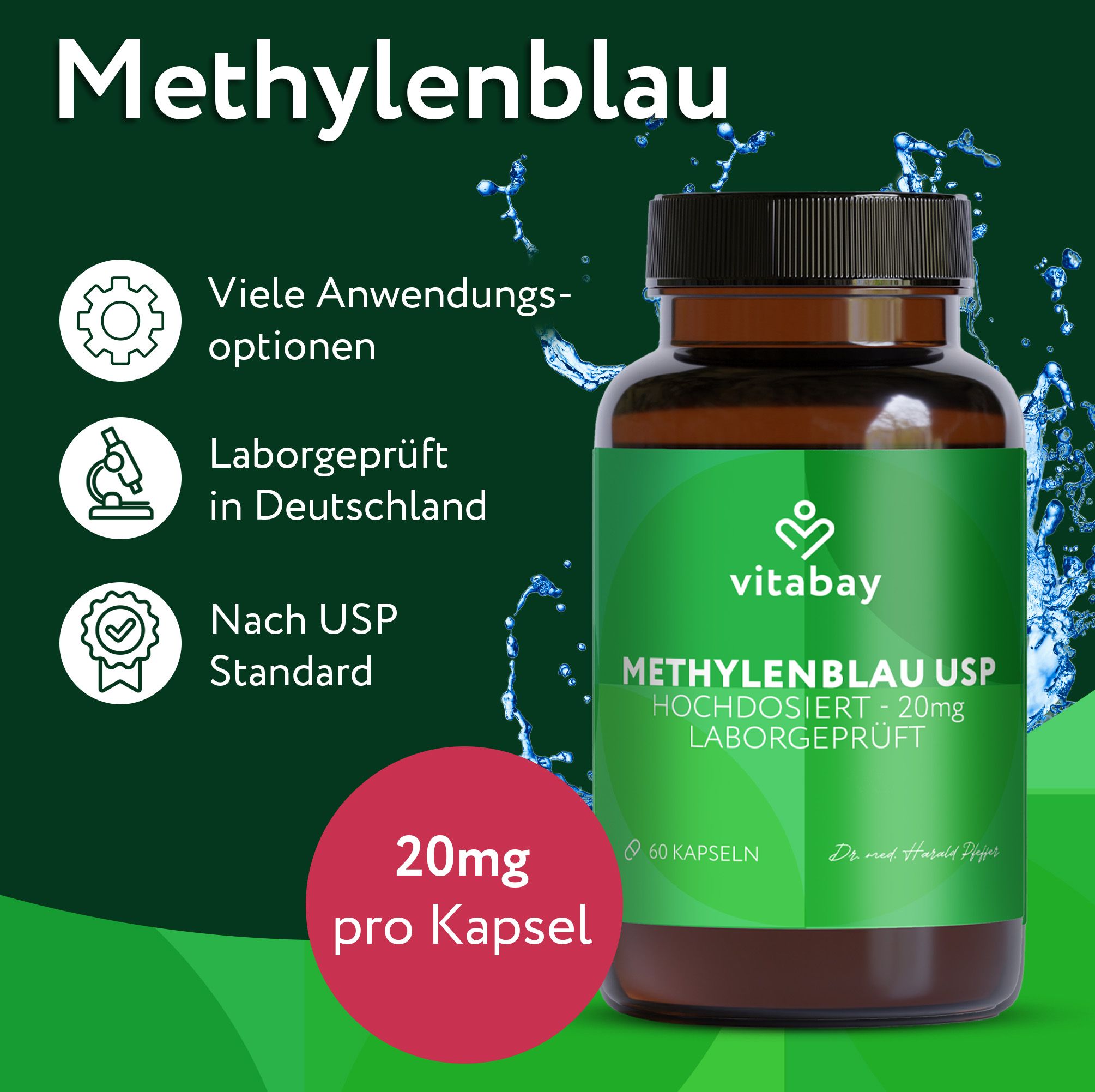 Vitabay Methylenblau USP 20mg Flasche. 20mg pro Kapsel. Laborgeprüft in Deutschland. Nach USP Standard. Braune Flasche mit grüner Beschriftung.