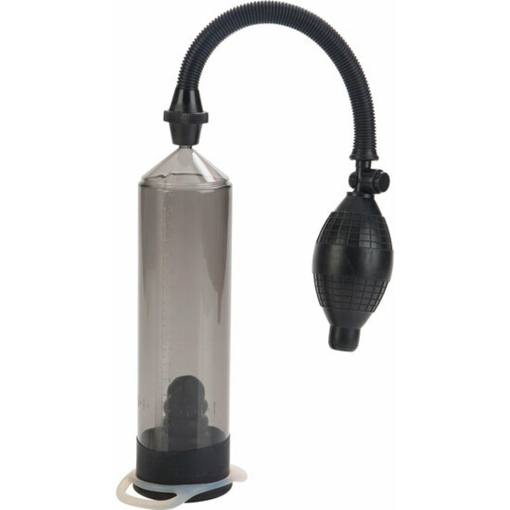 Transparenter Zylinder mit schwarzem Pumpball und Schlauch. Schwarzer Sockel und weißer Ring. Produkt für Intimgesundheit.