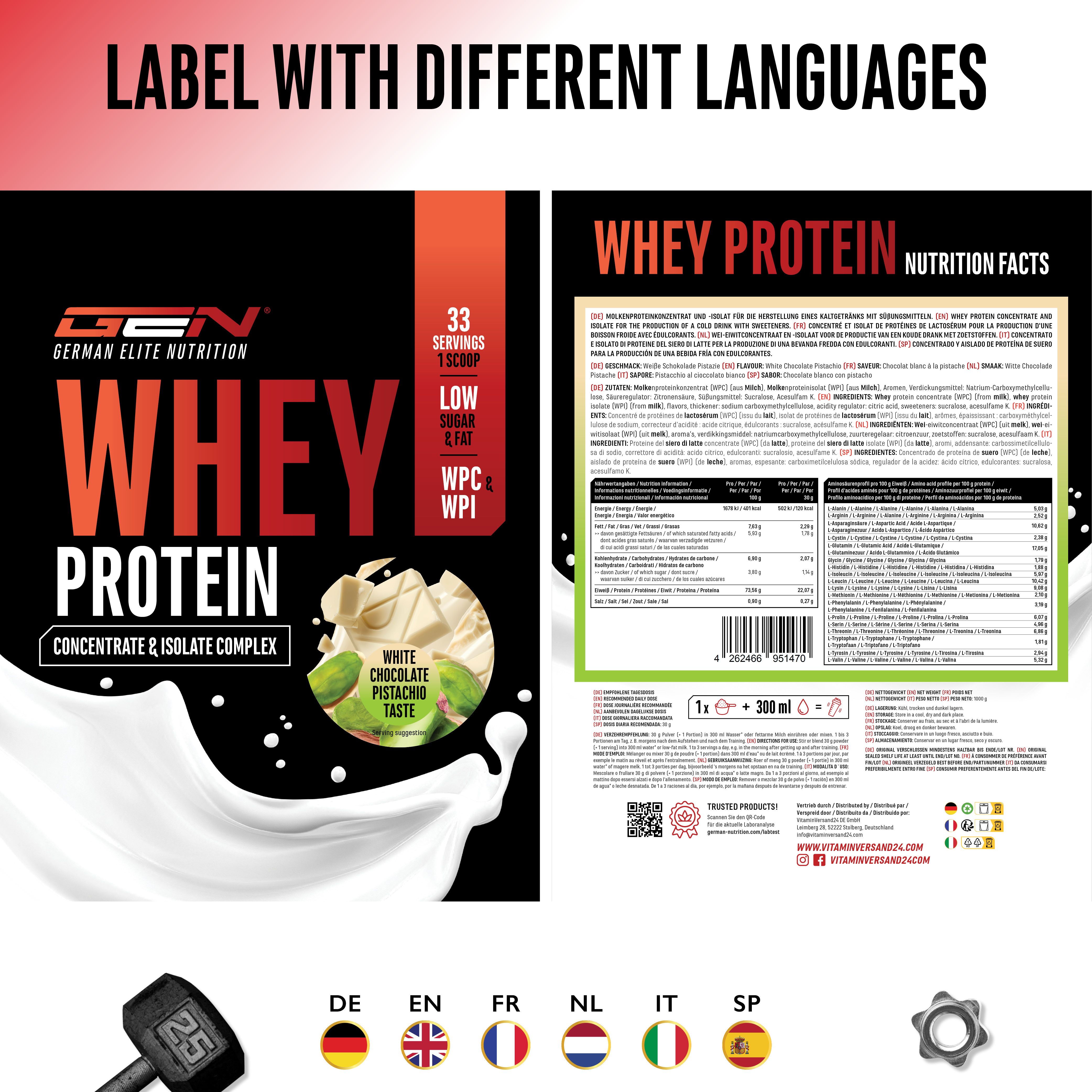 Etikett mit GEN Whey Protein Komplex in verschiedenen Sprachen. Enthält Informationen zu Nährwerten und Zutaten. Mit Flaggen von DE, EN, FR, NL, IT, SP.