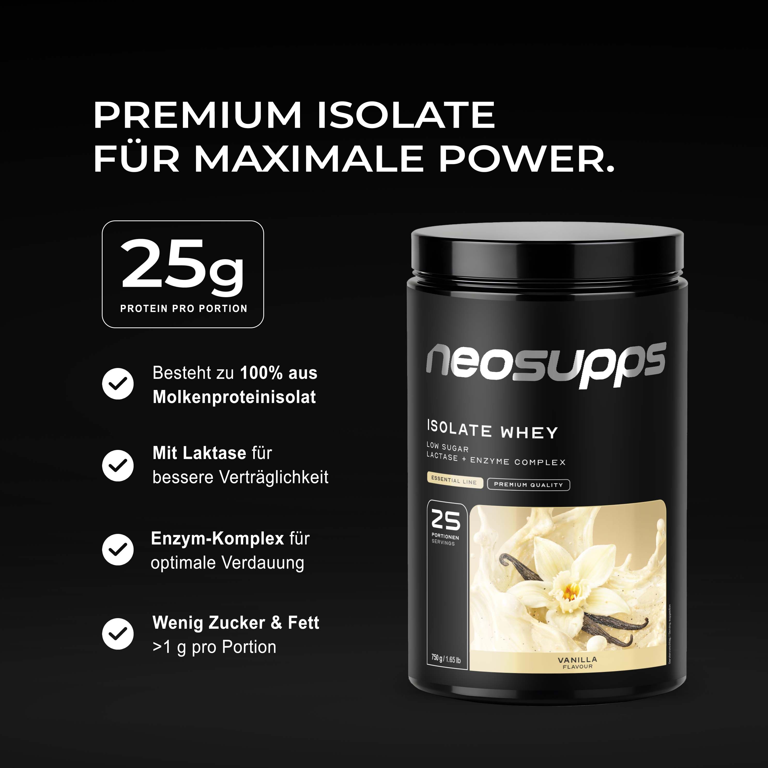 Neosupps Isolate Whey Protein Pulver Vanilla, 750g,  Protein pro Portion