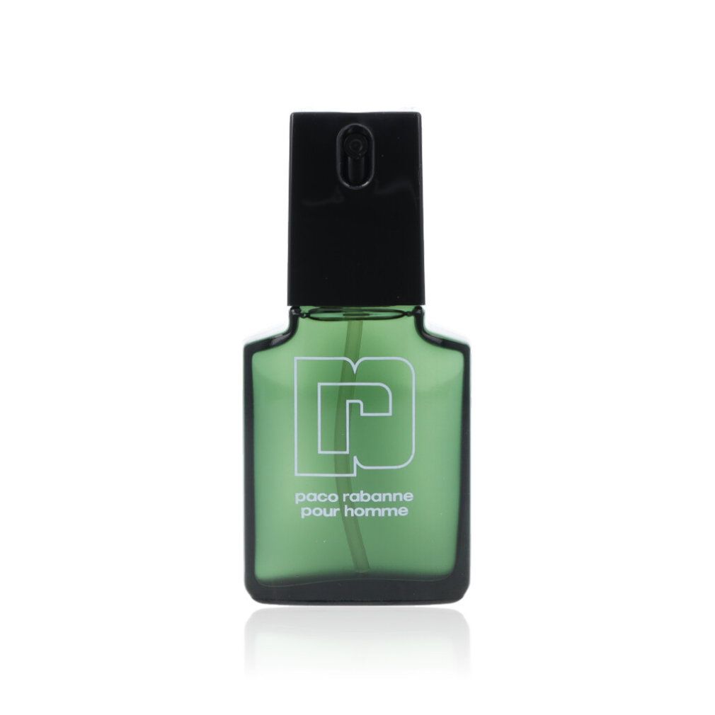 Grünes Paco Rabanne Pour Homme Eau de Toilette. Schwarzer Verschluss. Weißes Logo und Schriftzug.
