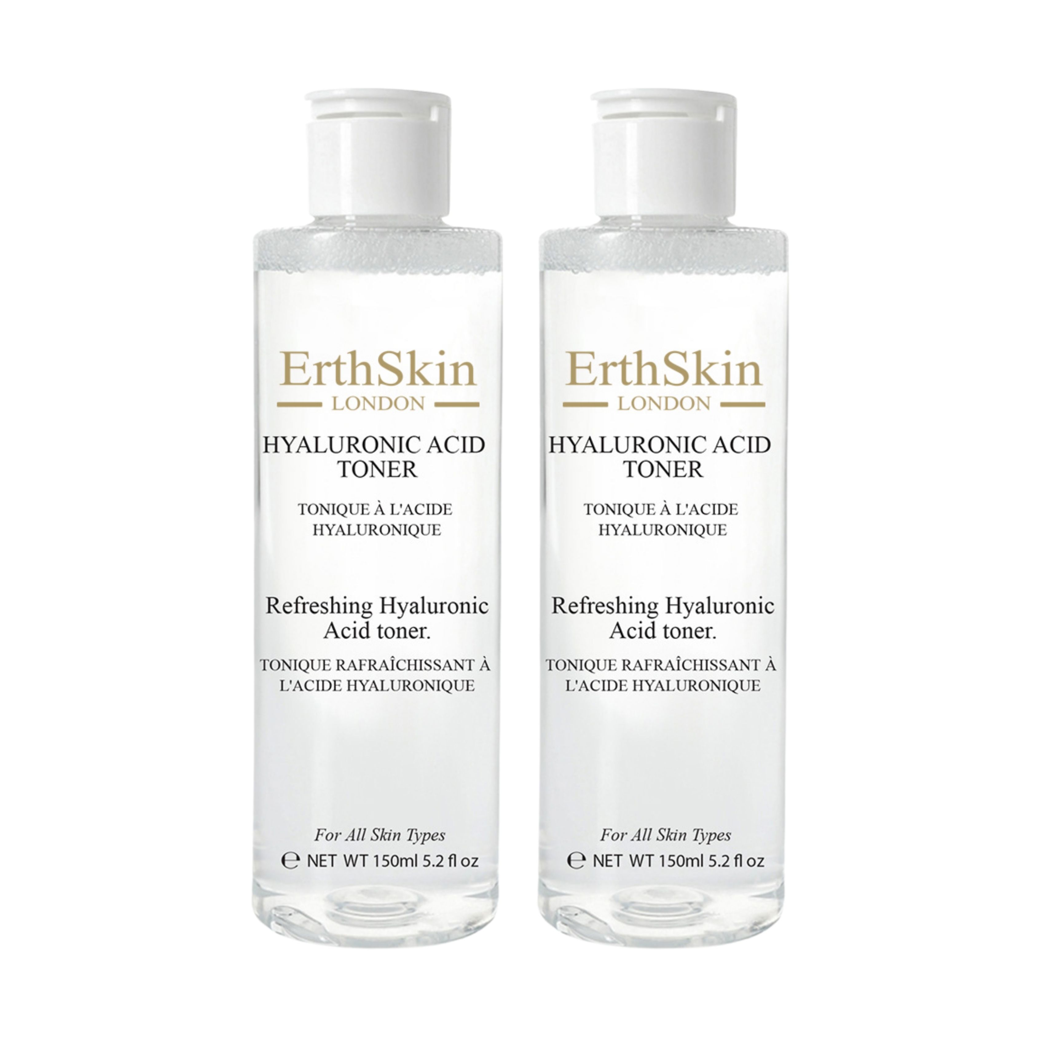 Zwei Flaschen Toner mit weißem Deckel. Aufschrift: ErthSkin London, Hyaluronsäure Toner. Text in Englisch und Französisch.