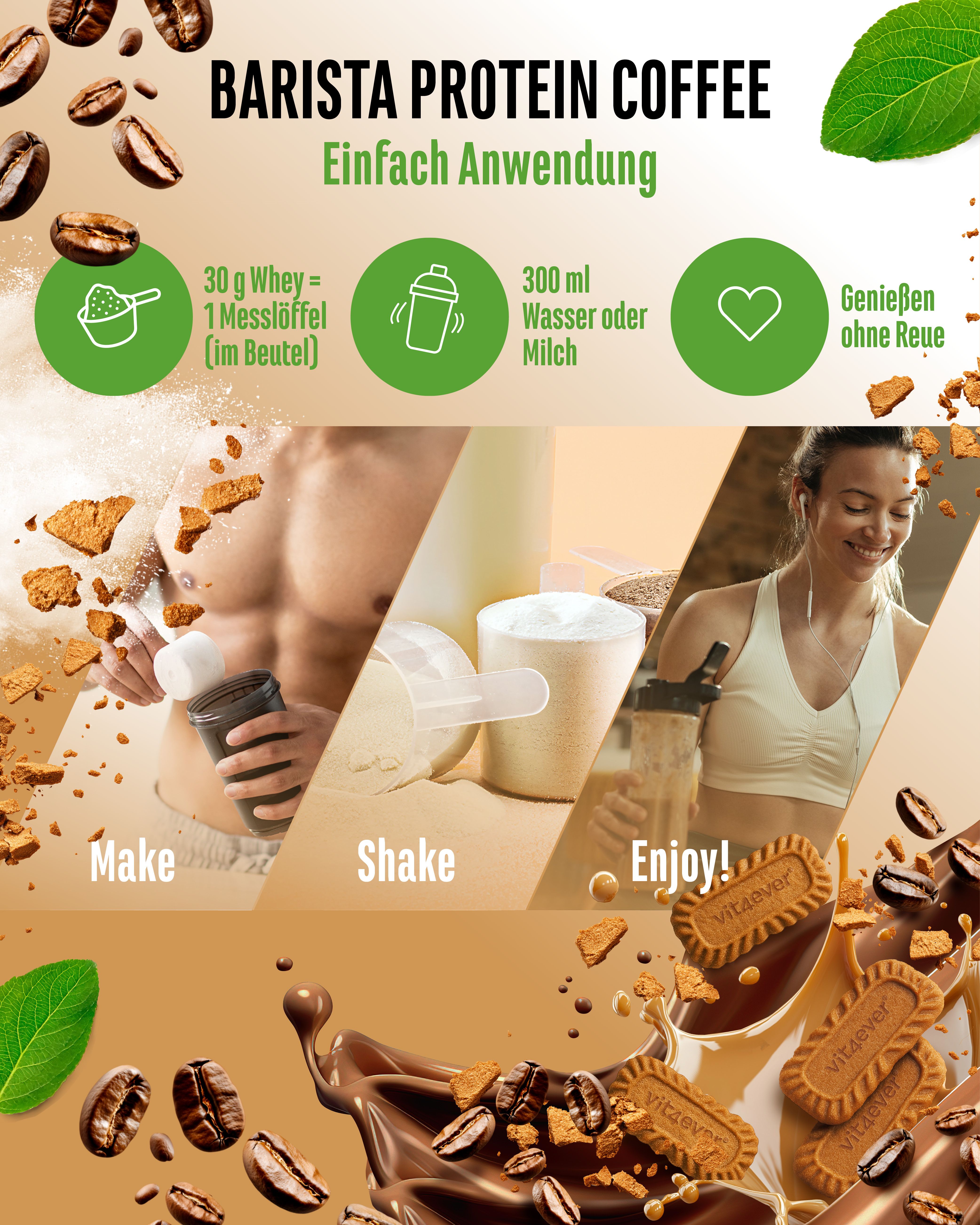 Anwendungshinweise für "vit4ever Barista Protein Coffee". Schritte: Messlöffel, Wasser/Milch, genießen. Abbildungen.
