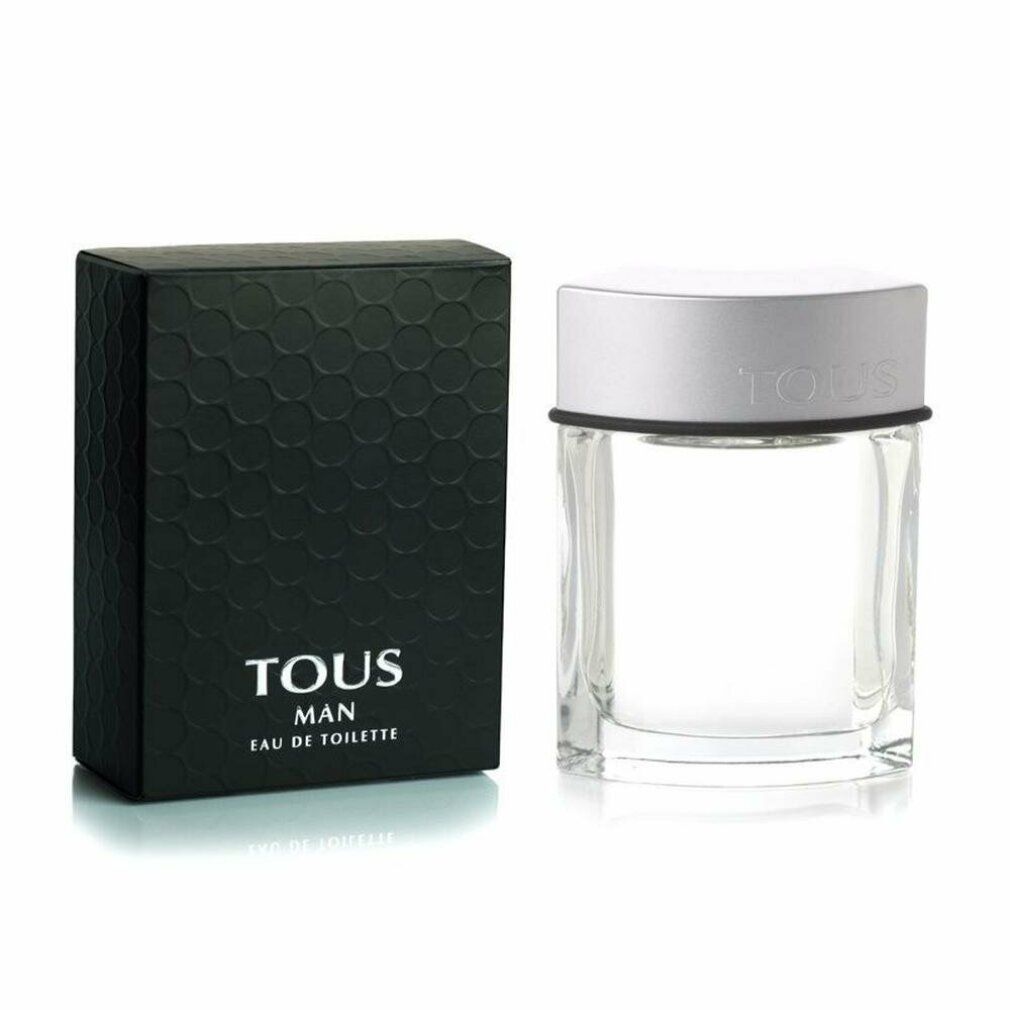 Flakon und Schachtel von Tous Man Eau De Toilette. Schwarze Schachtel mit Logo. Transparenter Flakon mit silbernem Deckel.
