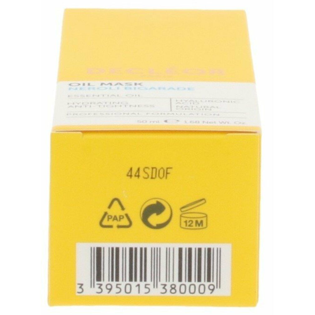 Gelbe Schachtel, Unterseite. Aufschrift: 44S0DF, Recycling-Symbole, 12M, Barcode.