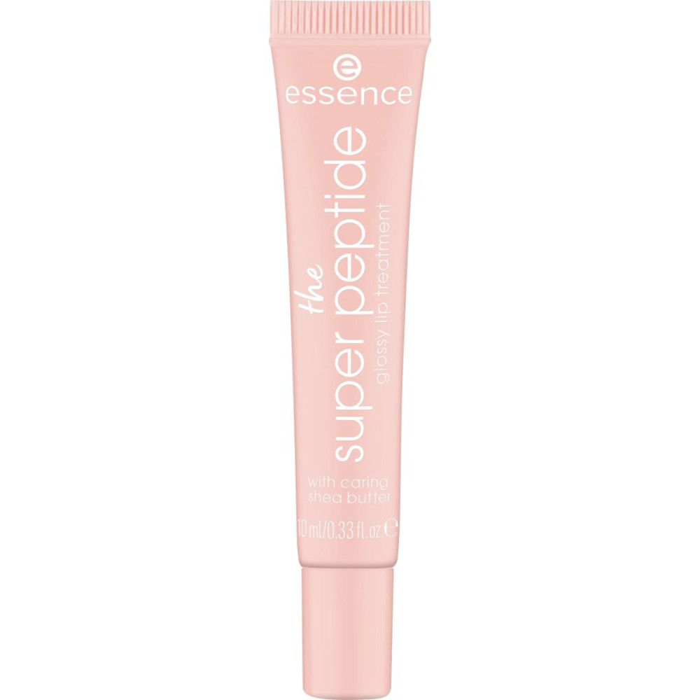 Rosa Tube mit Produkttext. Aufschrift: Essence, The Super Peptide, glossy lip treatment. Mit Sheabutter. 10 ml.