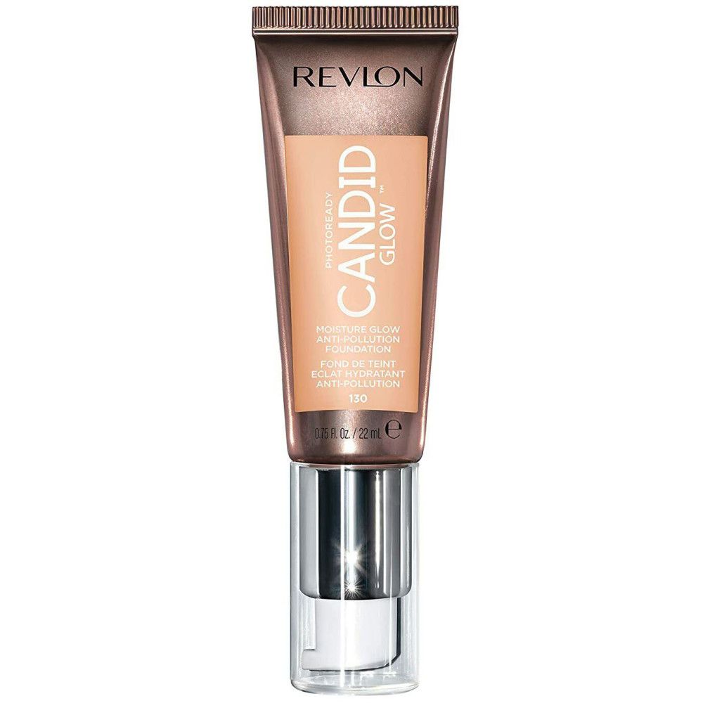 Revlon PhotoReady Candid Glow Foundation. Tube mit Produkt. Text: CANDID GLOW, Moisture Glow Anti-Pollution, 130.