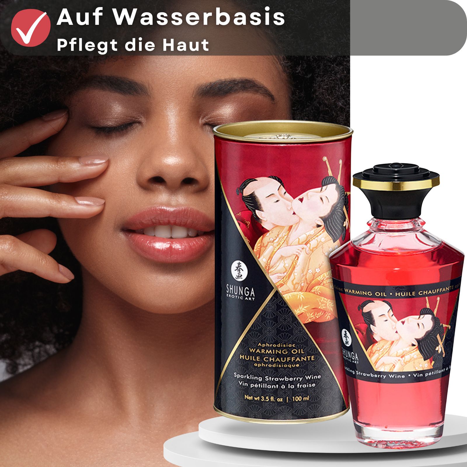Produkt mit Erdbeer-Aroma. Rote Glasflasche und zylindrische Verpackung. Frau berührt Gesicht. Text auf Deutsch.