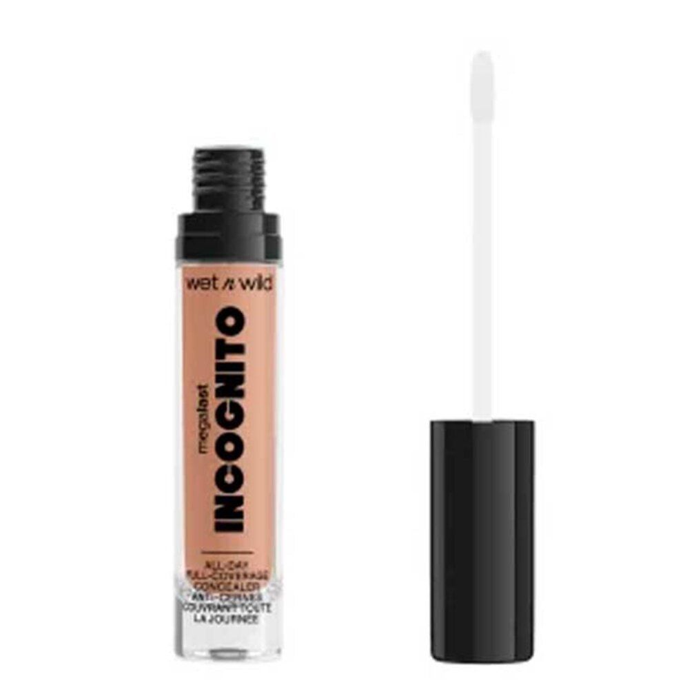 Concealer-Tube mit schwarzem Deckel und Applikator. Aufschrift "Wet n Wild" und "Incognito".