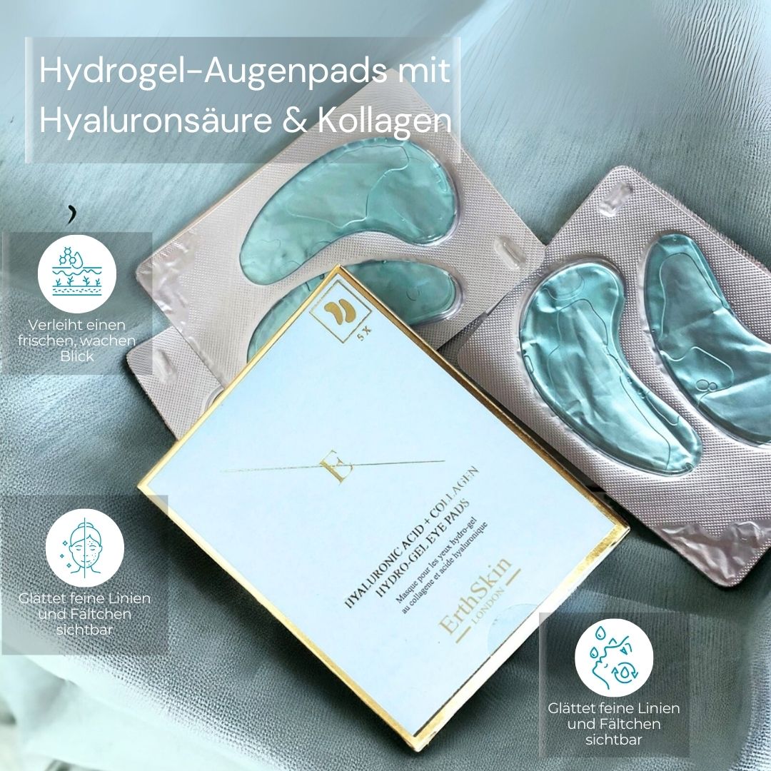 Produktverpackung mit Augenpads. Text: Hyaluronsäure + Kollagen Hydrogel Eye Pads. Pads in Folie. Aufschrift: ErthSkin London.