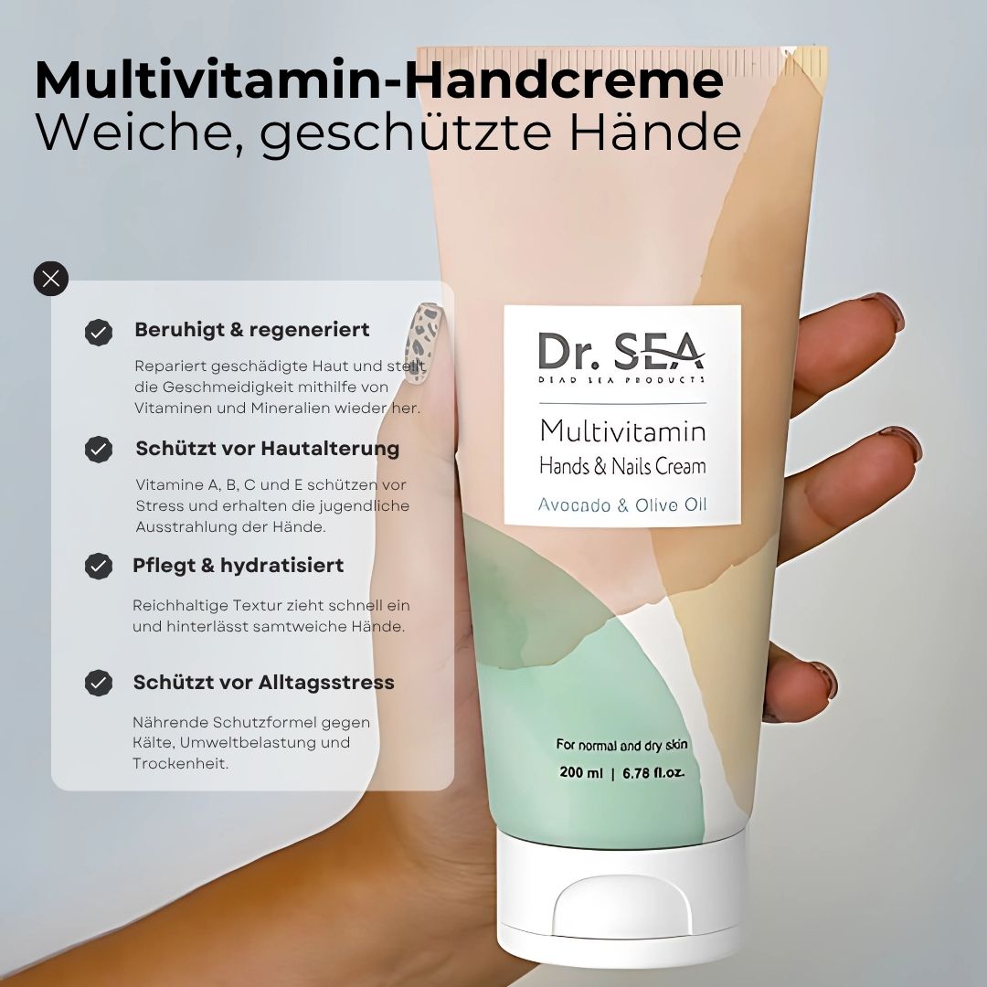 Creme-Tube mit Aufdruck. Dr. Sea Multivitamin Hand- & Nagelcreme. Avocado & Olivenöl. Text und Icons.