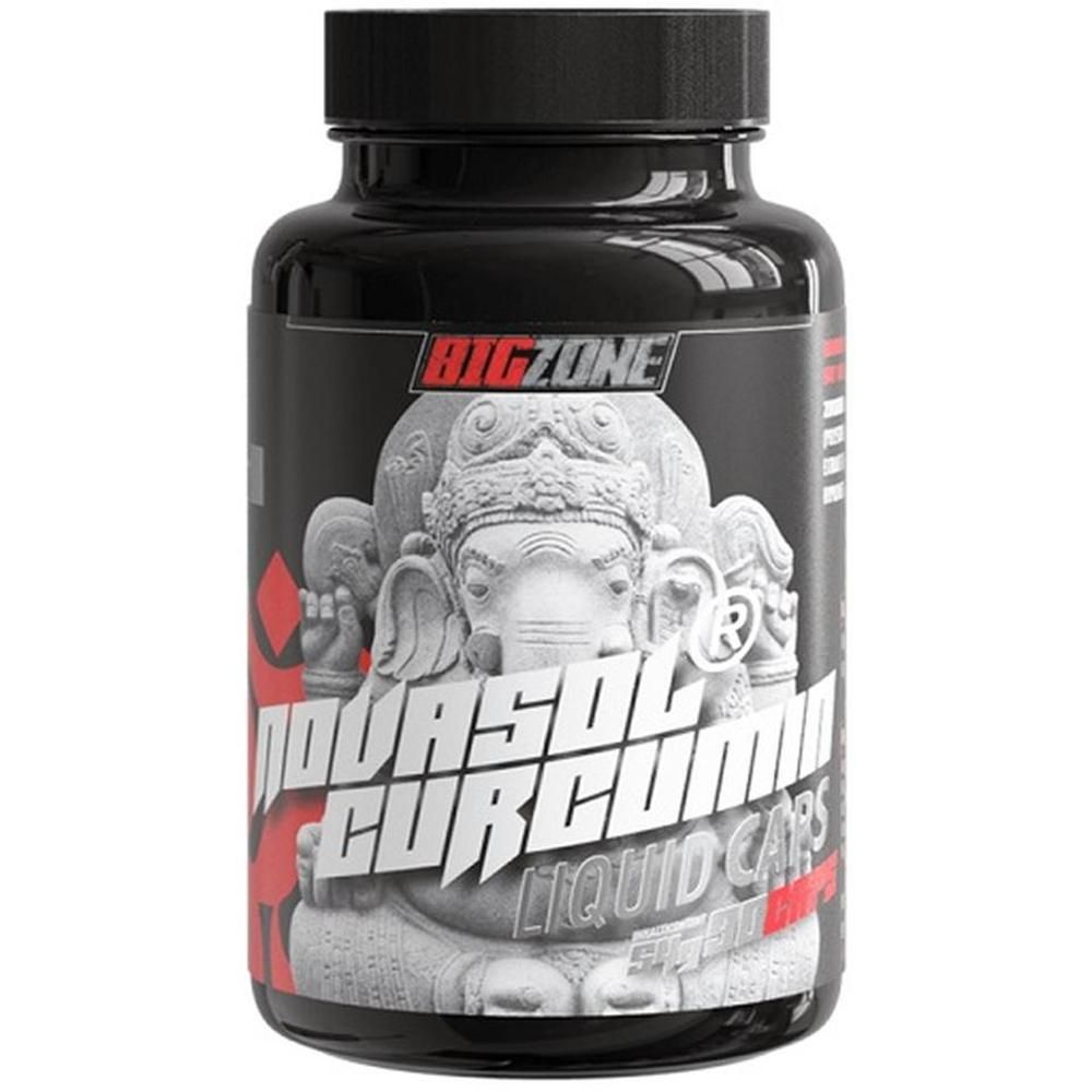 Schwarze Flasche mit Etikett. Aufschrift: Big Zone, NovaSol Curcumin Liquid Caps. Abbildung einer Statue.