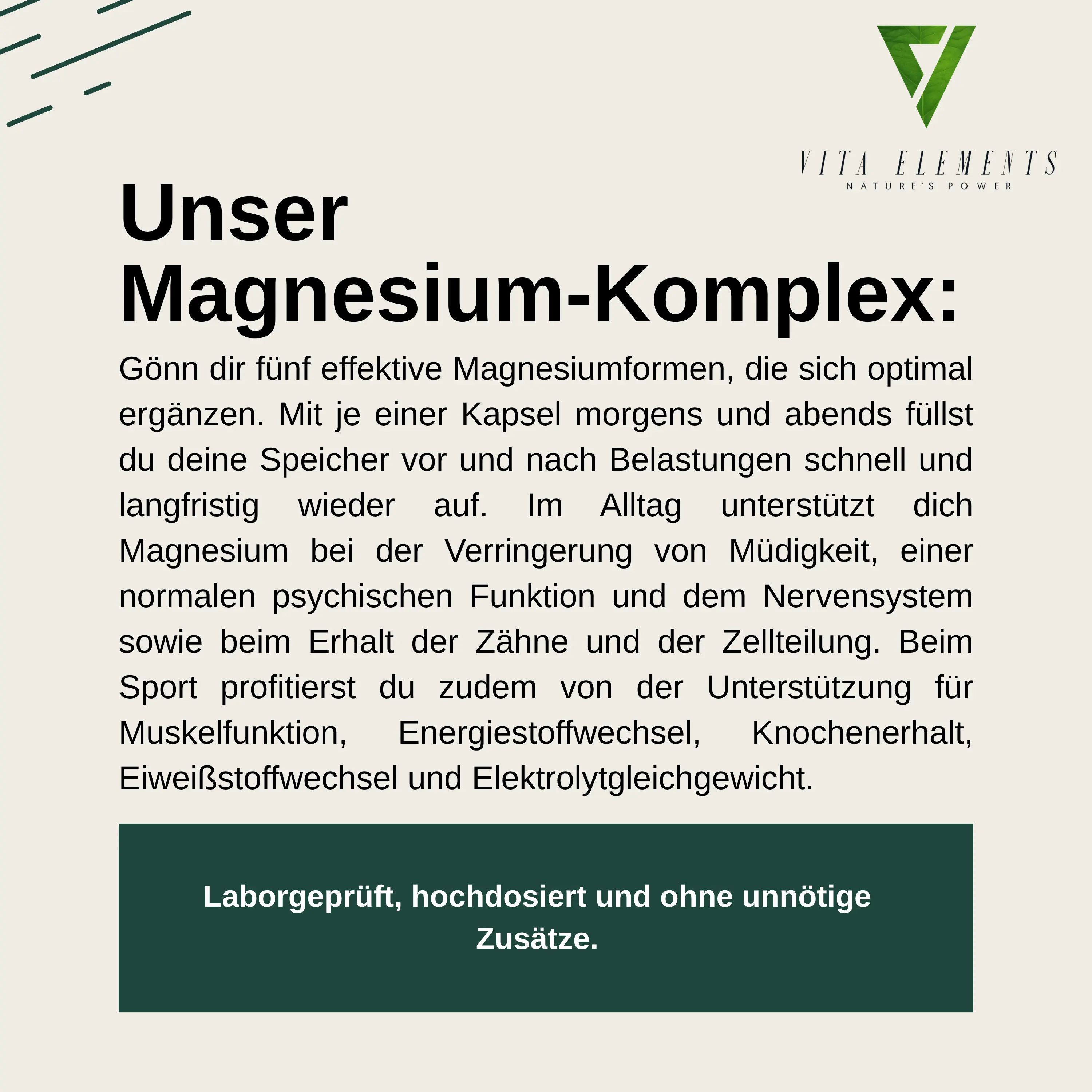 Flasche Vita Elements Magnesium Komplex Kapseln, 180 Kapseln, Vegan. Laborgeprüft in Deutschland, ohne Zusatzstoffe, gentechnikfrei.
