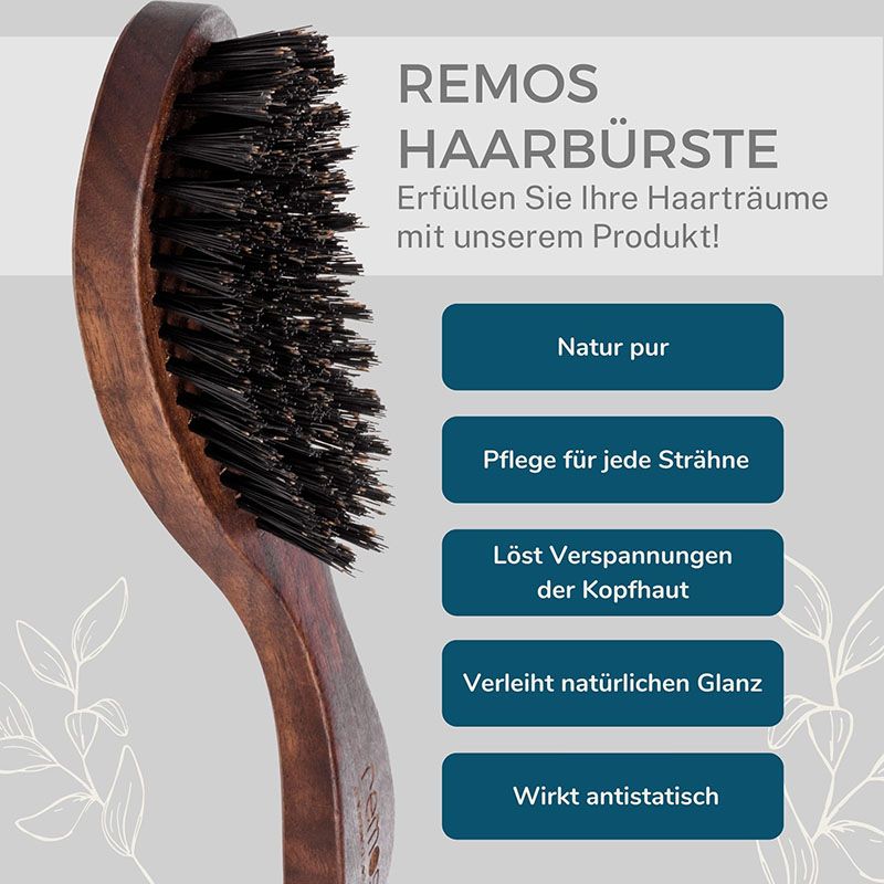Nahaufnahme einer Haarbürste mit Wildschweinborsten. Text: REMOS Haarbürste, Natur pur, Pflege für jede Strähne, etc.