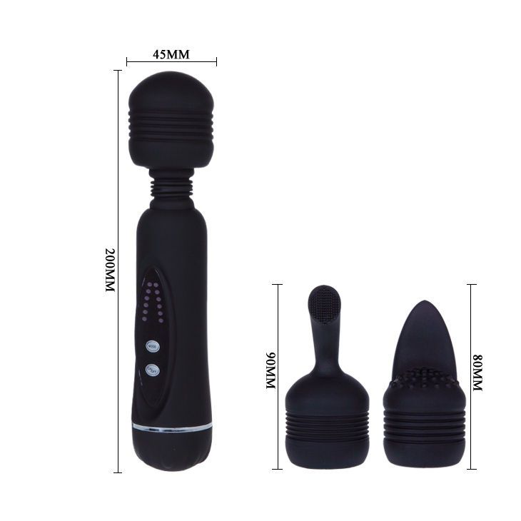 Schwarz Vibrator mit zwei Aufsätzen. Maße: 200mm hoch, 45mm Kopf, Aufsätze 90mm und 80mm hoch. Mit Maßangaben.