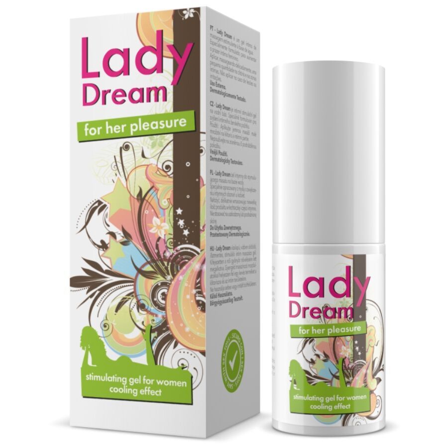 Lady Dream Gel: Flasche und Karton mit Kühl-Effekt-Aufschrift und floralem Design.