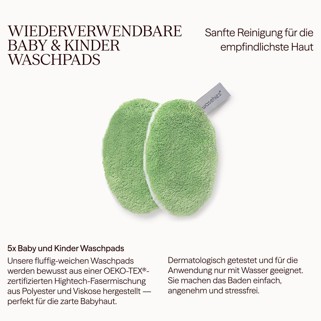 Zwei grüne Waschpads mit Anhänger. Text: "Baby & Kinder Waschpads". Oeko-Tex-Zertifizierung.